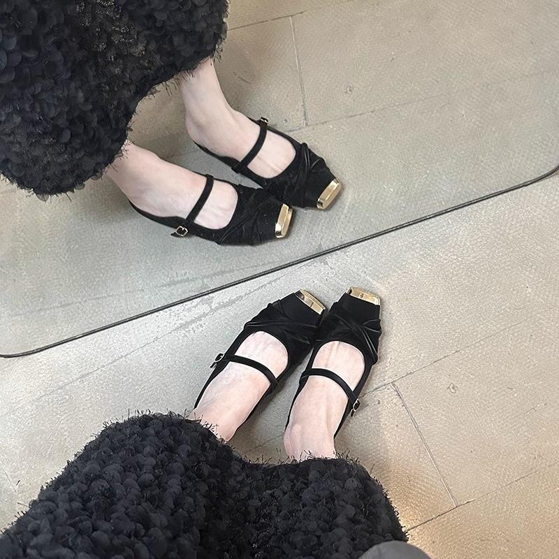 Metal square head flat heel half drag 2025 spring bag head soft leather soft sole slippers women wear one word with Mary Jane shoes