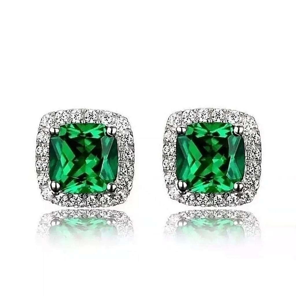 Square Women's Earrings Full Of Diamonds And Green Zircon Earrings