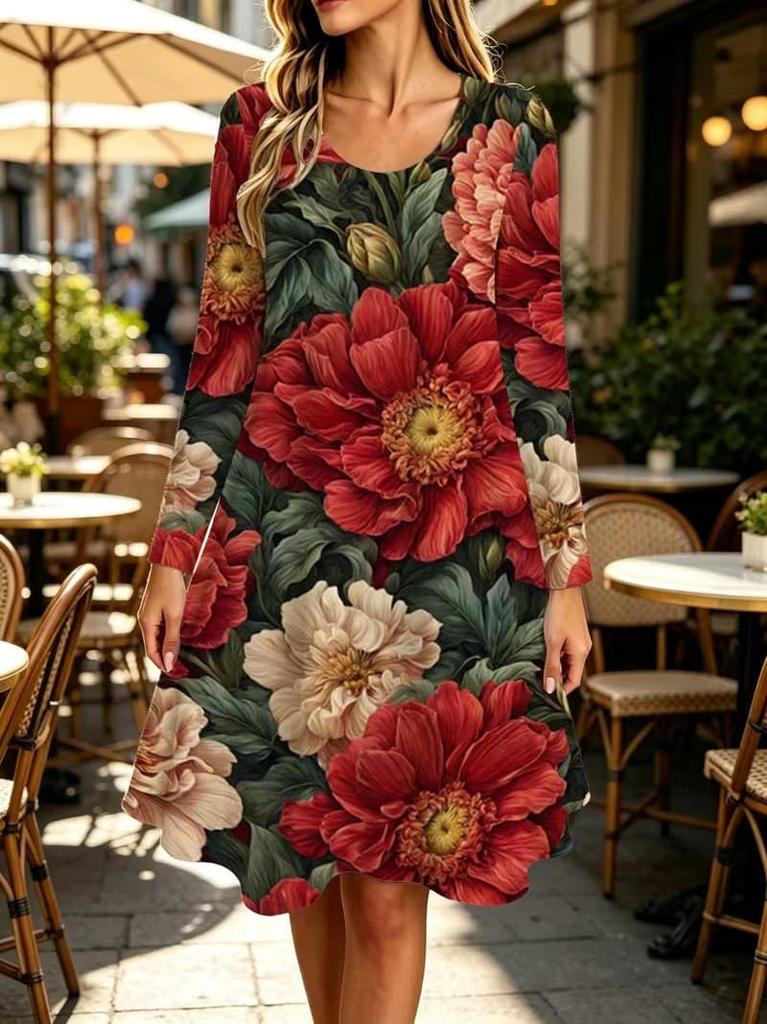 Spring Autumn Women Dress Casual Long Sleeve O-neck 3D Print Loose A-Line Dress Oversized Home Wear Robe
