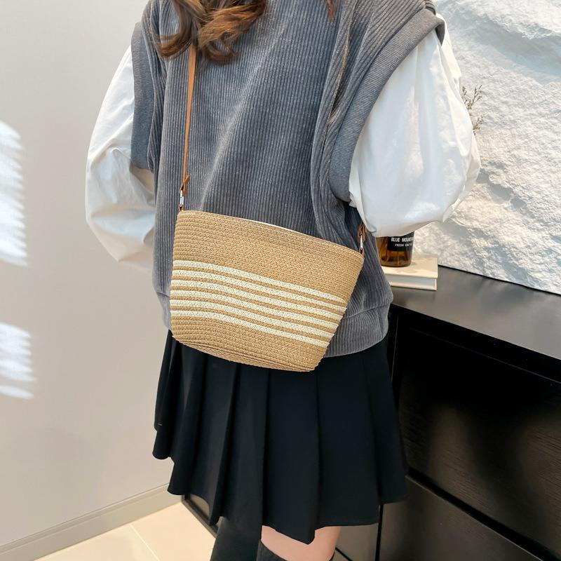 Fashion Versatile Woven Summer Seaside Bucket Bag Women's Leisure Personality Niche Design Striped Beach Messenger Bag