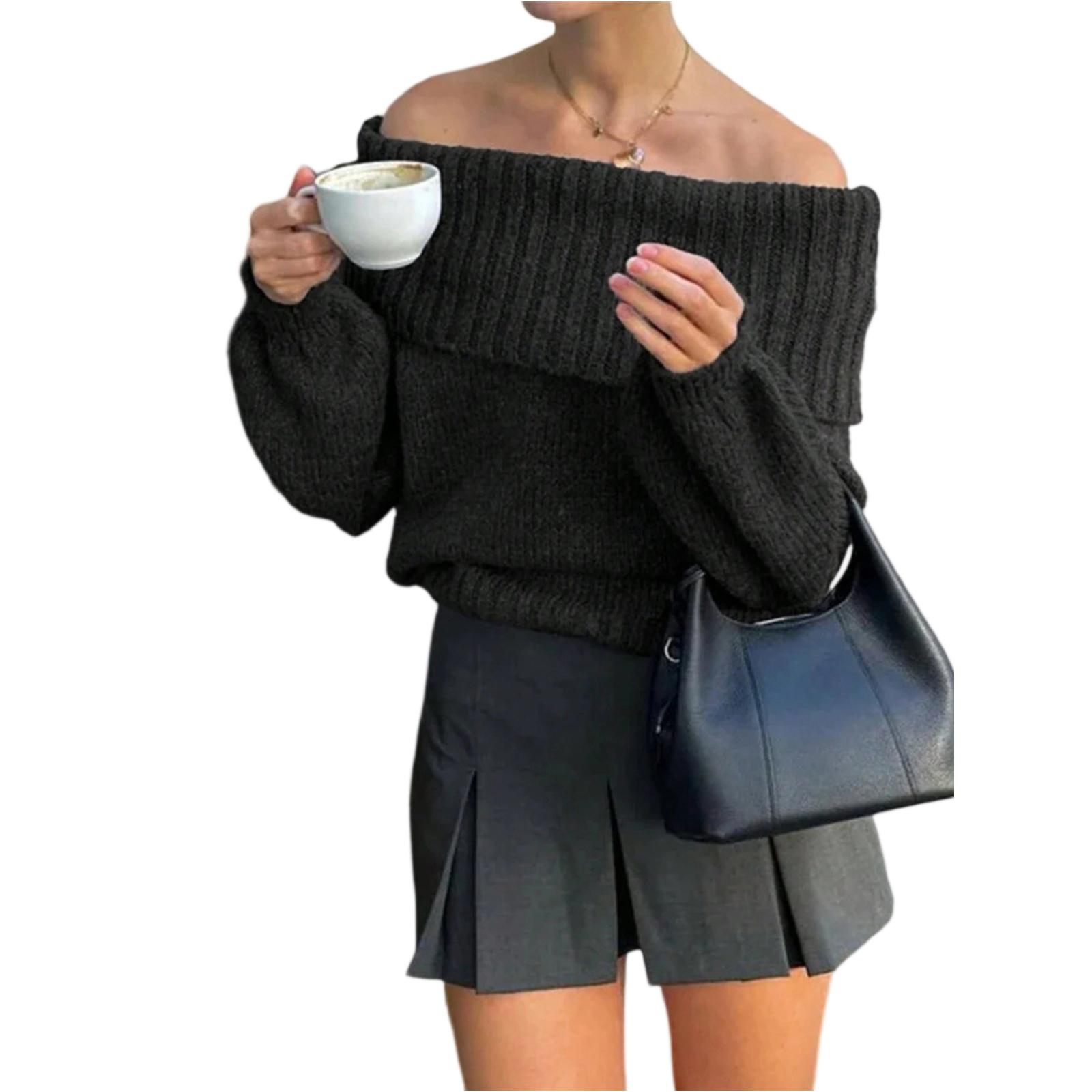 Women s Casual Fashion One-shoulder Solid Color Slim Long-sleeved Knitted Sweater L чёрный 2598₽