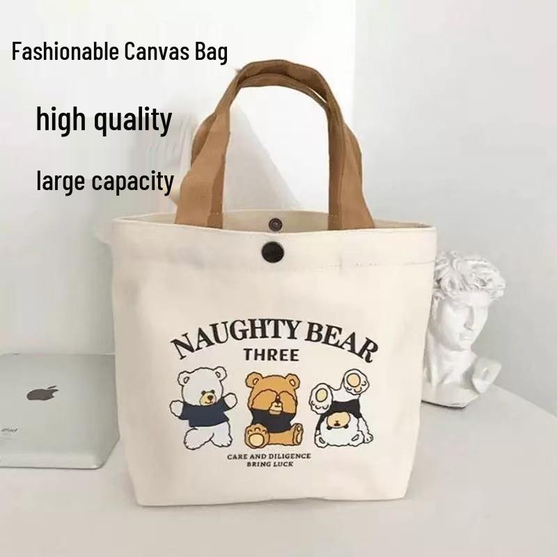 Portable Bear Print Canvas Tote Bag for Office Workers - Small Handheld Lunch and Sundries Bag