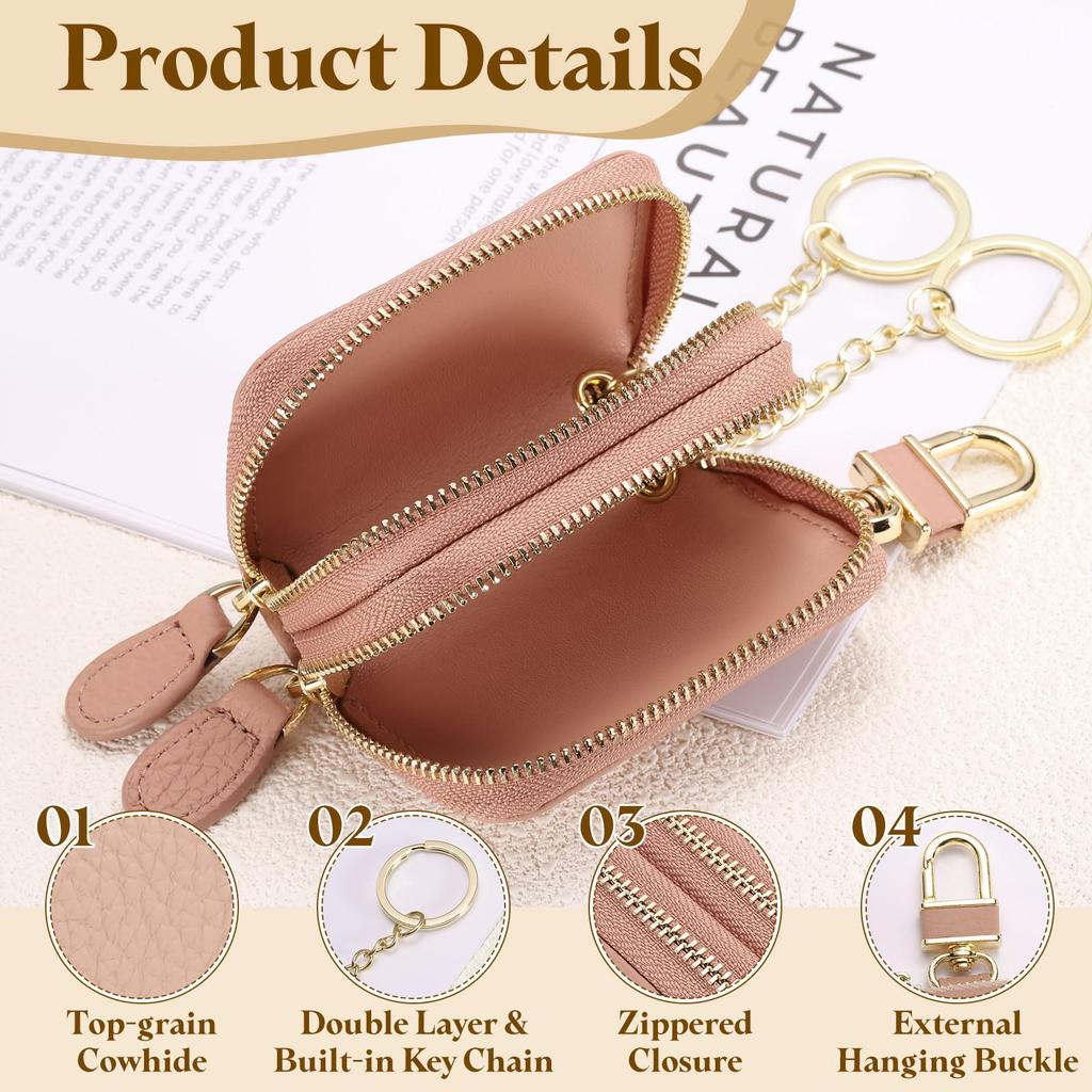Genuine Leather Car Bike Key Universal Car Bike Key Double Layer Zipper Key Case Pink [uxcell] Case, Holder, Bag, Unisex,
