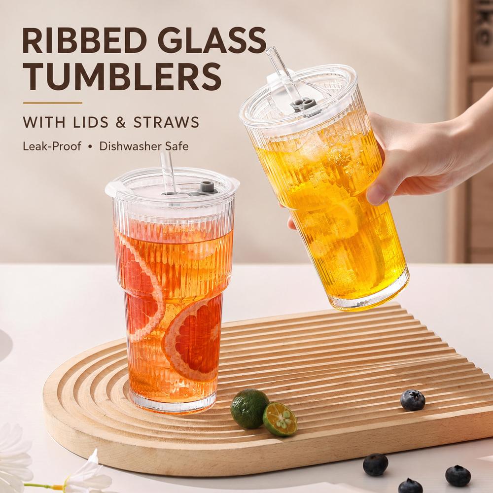 Glass Tumblers with Straws and Lids, Ribbed Iced Coffee Cups Leak-proof, Dishwasher Safe, Thickened Glass Cups with Lids