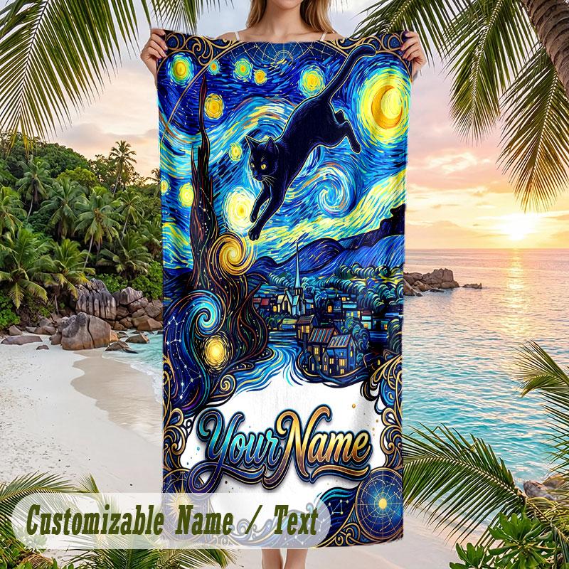 Starry Night Cat Dreamscape 1 Theme Quick Dry Beach Towel Custom Name Text Print Large Sand Resistant Towel Beach Vacation