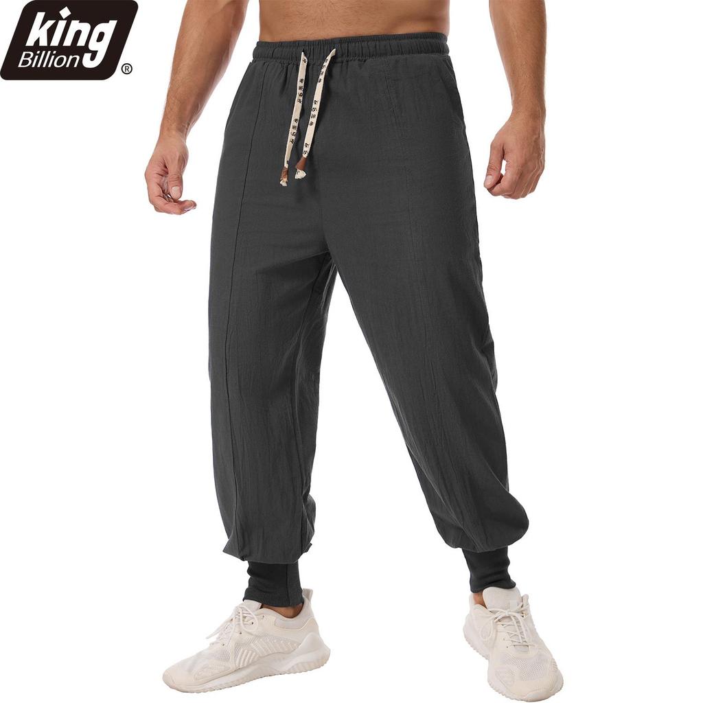 Men's Linen Blend Harem Pants - Contrast Drawstring Elastic Waist Loose Fit Casual Joggers with Ribbed Cuffs in Navy Blue