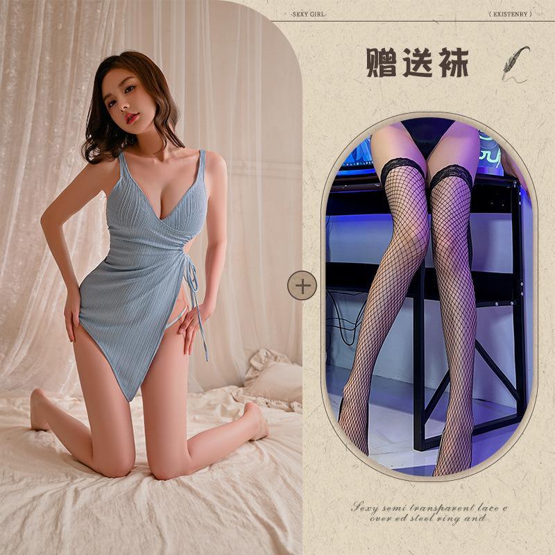 Deep V French sexy pajamas waist drawstring high slit hip wrap thin exposed suspender skirt free