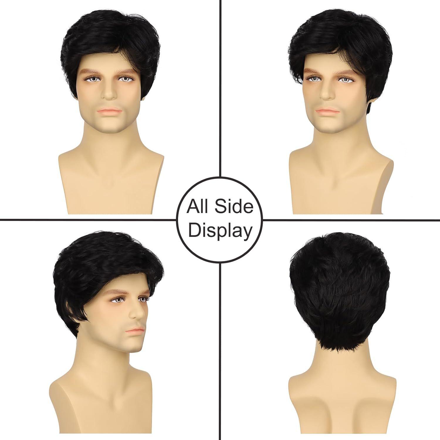 

Men’s Black Short Side-Part Synthetic Curly Wig, Adjustable Cap, Realistic Hairline for Daily & Casual Wear Occasions