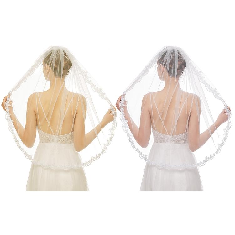 Wedding Veil Single Layer Lace Appliques Fingertip Length Short Tulle for Brides