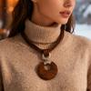 European, American Bohemian Retro Exaggerated Wire Wooden Disc Multi-layer Wax Rope Sticker Neck Autumn and Winter Sweater Necklace