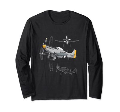 P-51 Mustang WWII Fighter US Military Aviation Design Long Sleeve T-Shirt