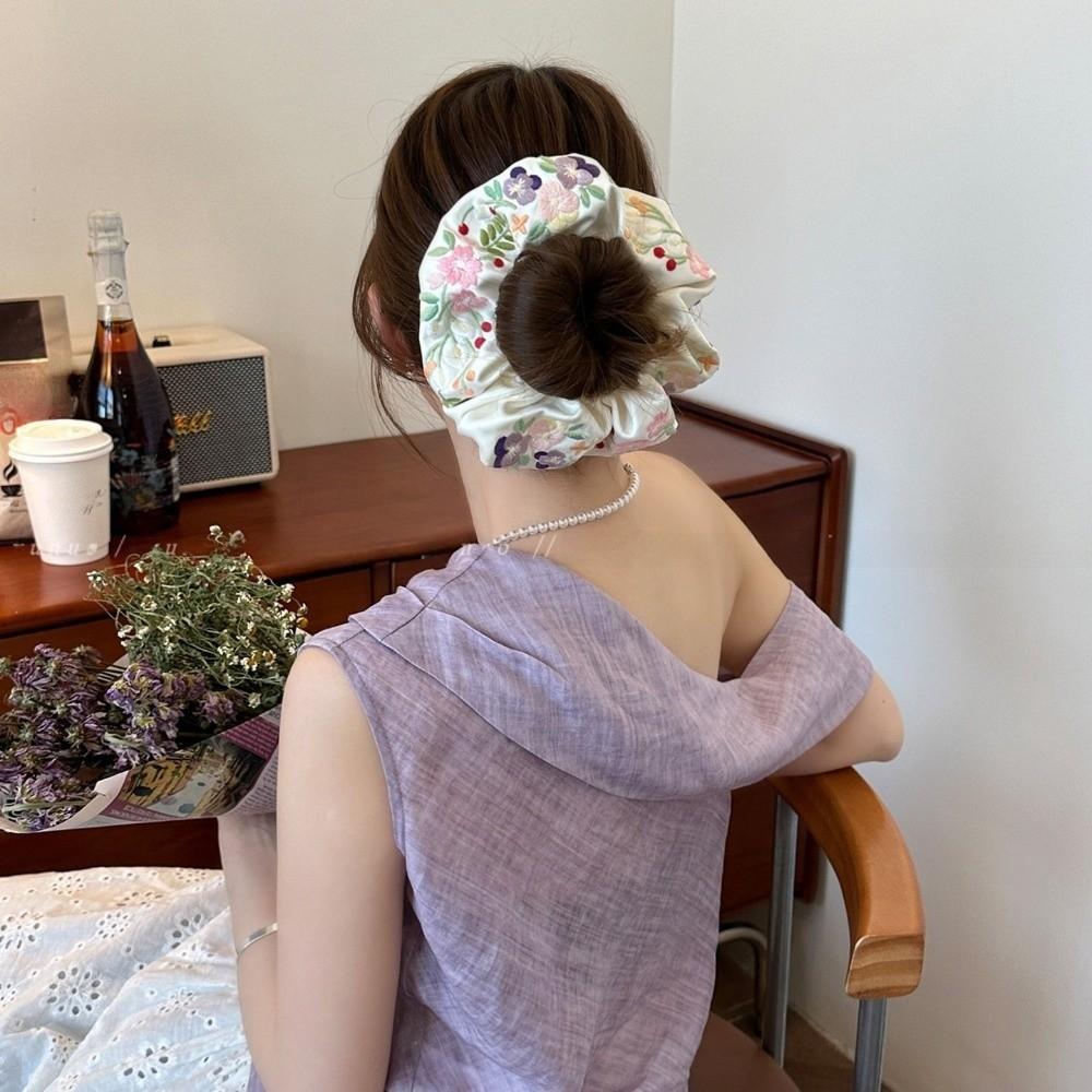 French Style Embroidery Hair Scrunchies Satin Hair Ropes Retro Floral Scrunchies  Rubber Bands