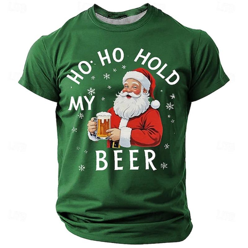 Einfaches Mode-T-Shirt mit Buchstabenaufdruck für Herren, kurzärmelig, lässig, HO HO HOLD MY BEER T-Shirt, tägliches Streetwear-Top für Herren und Damen, Weihnachtsmann-Grafik