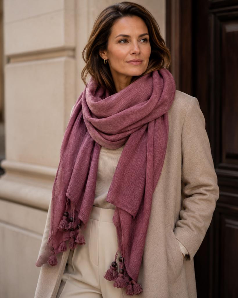Plum Scarf with Fringes 180X80 - Cotton with Polyester, Boho Style