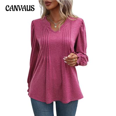 Spring and Autumn Women's Blouse Solid Color Casual Top Bubble Sleeve Range V-Neck Long Sleeve Top