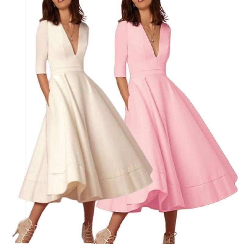 Robe élégante et décontractée en maille pour femme, avec col en V, disponible en plusieurs couleurs.