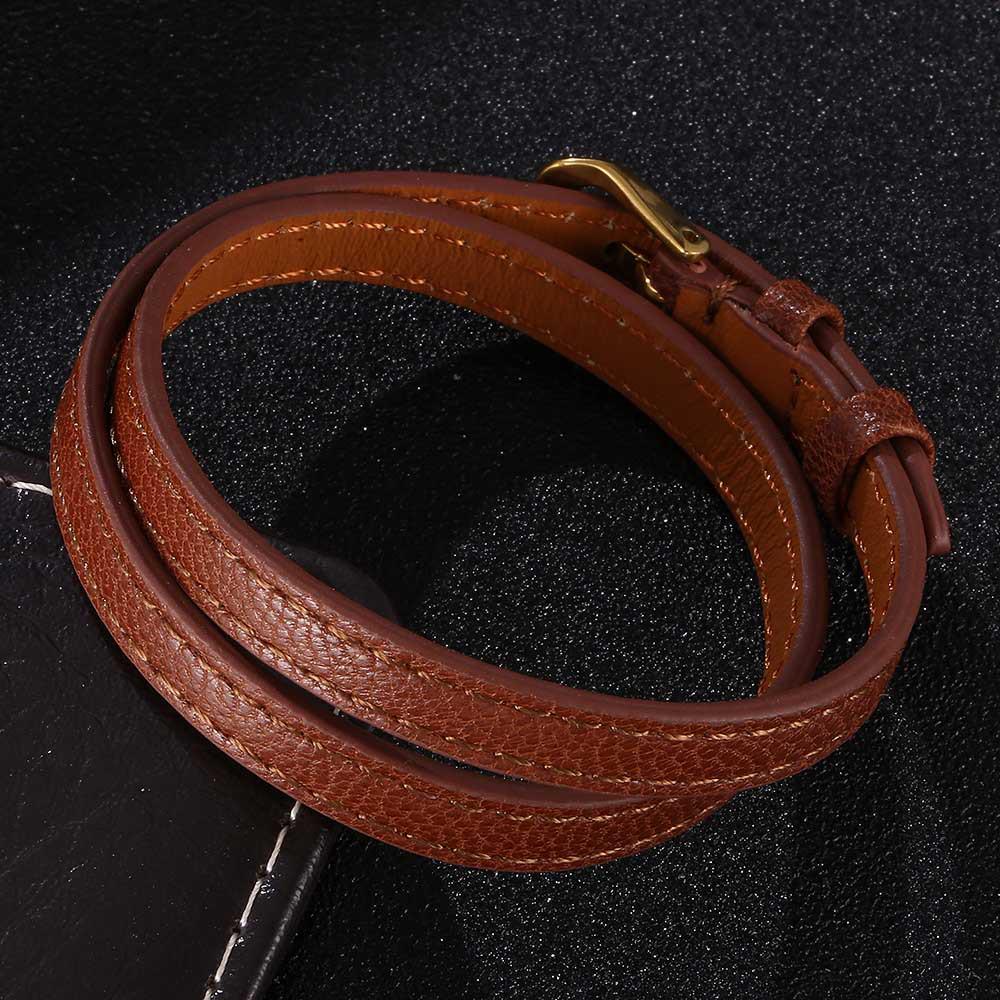 Unisexový dvoupodlažní hnědý kožený náramek se zlatou sponou - Evropský a americký styl módní trend