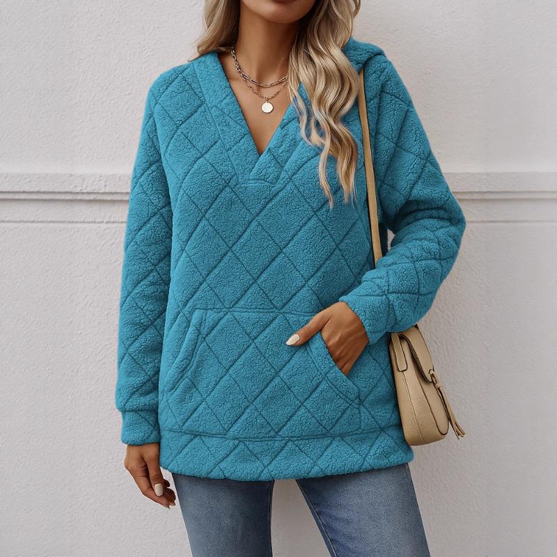 New Women's Casual V-neck Long-sleeved Pullover Multi-color  Hooded Plush Sweatshirt