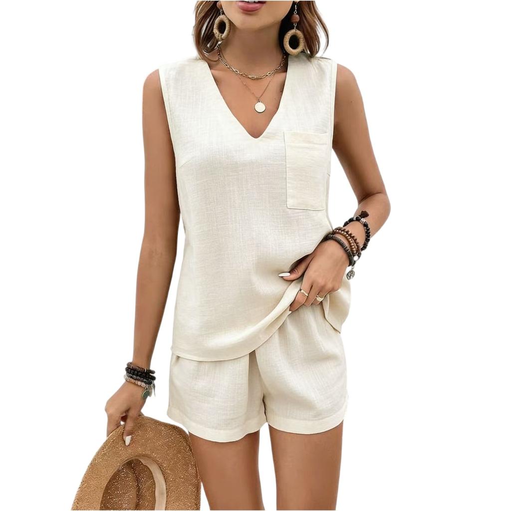 Fashion Women's Loose Sleeveless Spring And Summer V-neck Casual Color Shorts Set
