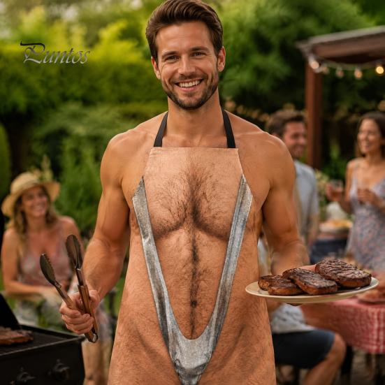 Funny White Elephant Gifts 3D Hairy Men's Body Apron, Novelty Muscle Print BBQ Gag for Men Cooking Bib, Adjustable Polyester Kitchen Apron Grilling