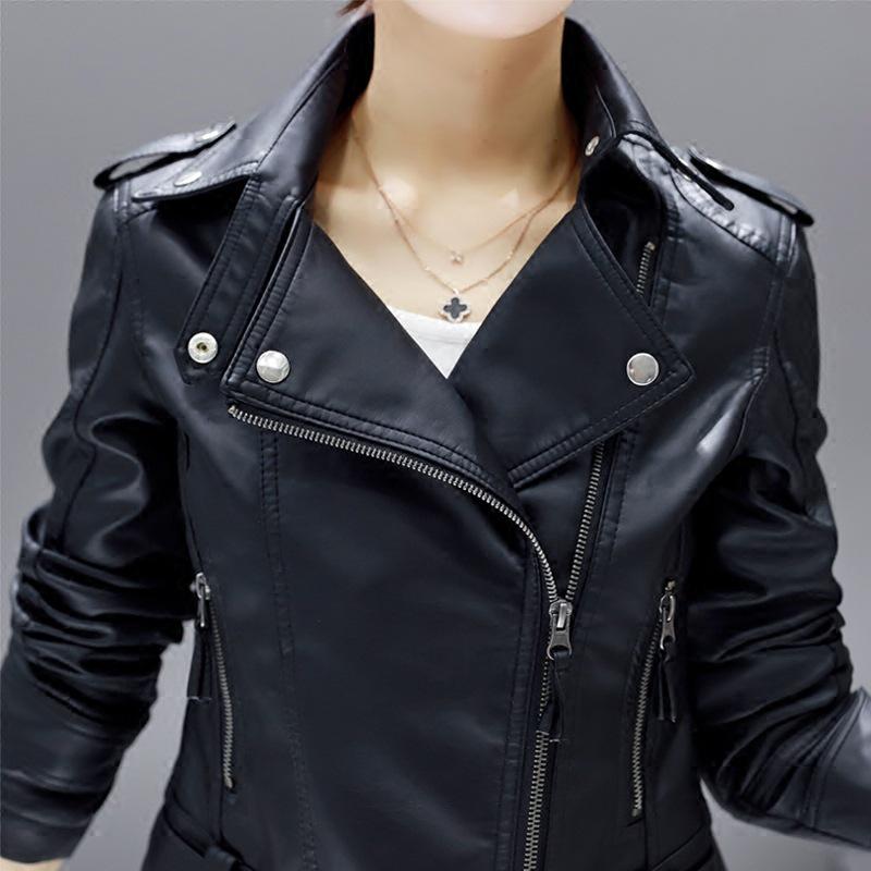 2025 Women's Slim PU Leather Motorcycle Jacket - Spring/Autumn Trendy Short Coat In Plus Sizes, European & American Style