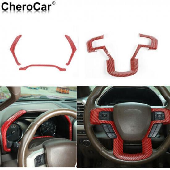 Interior Steering Wheel Dash Frame Trim Cover For Ford F150 15+ Red Carbon Fiber