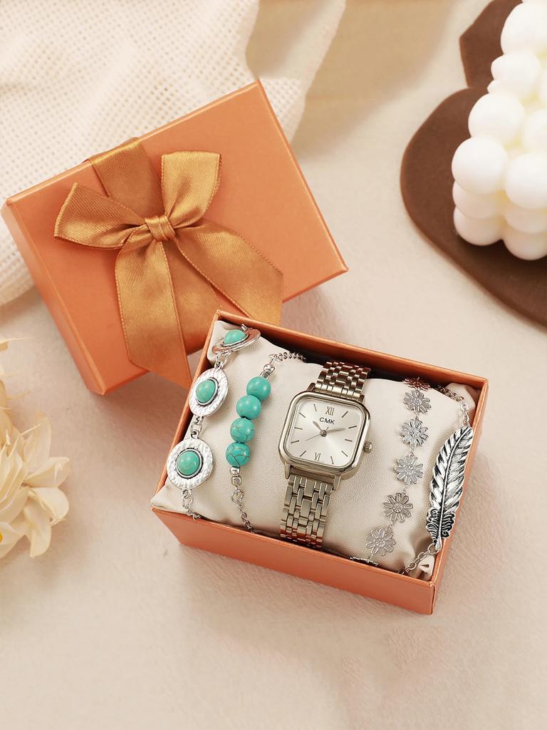 Simple Versatile Fashion Steel Band Square Dial Quartz Watch Bracelet 5 Piece Set for Women, Suitable for Christmas and Thanksgi
