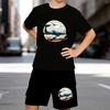 Boys 2 Piece Ocean Shark Printed Outfit, Short Sleeve T-Shirt and Shorts Set for Kids Age 5-14,Black,White Sporty Casual Summer Clothes