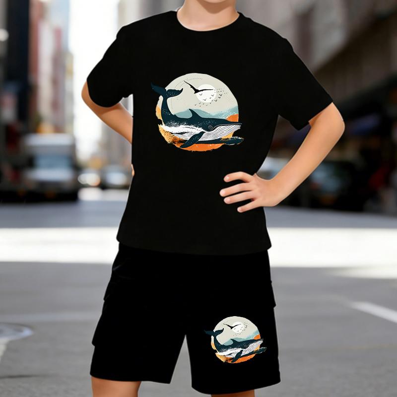 

Boys 2 Piece Ocean shark printed outfit, Short Sleeve T-Shirt and Shorts Set for Kids Age 5-14,Black,White Sporty Casual Summer Clothes 5-6 Years чёрный