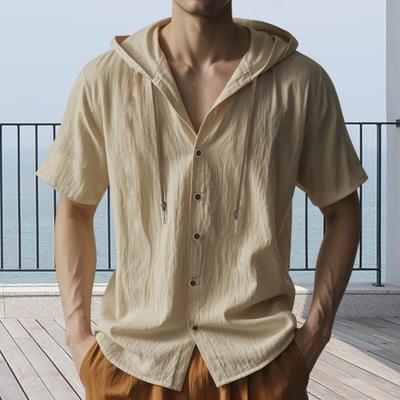 Pánské lněné tričko s kapucí, jednobarevné, s krátkým rukávem, volný střih, zapínání na knoflíky, letní ležérní top na pláž, denní nošení, kancelář a cesty