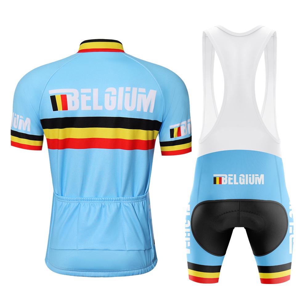 2026 Belgio Ciclismo da Corsa Maglia Uomo Manica Corta Set Completo Bicicletta Mtb Abbigliamento Triathlon Retro Skinsuit Estivo Pantaloncini con Bretelle Blu
