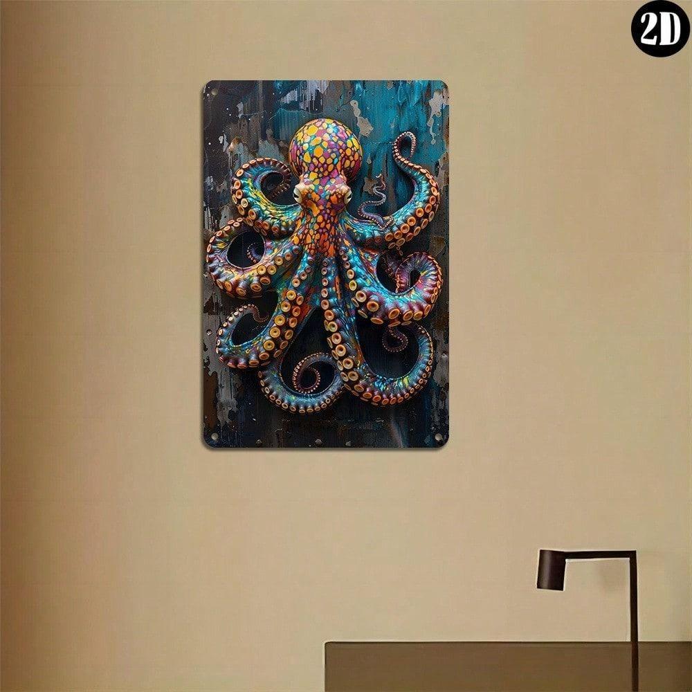 Affiche Métallique Pieuvre Art Mural, Plaque Étain Imperméable pour Décoration Extérieure de Jardin