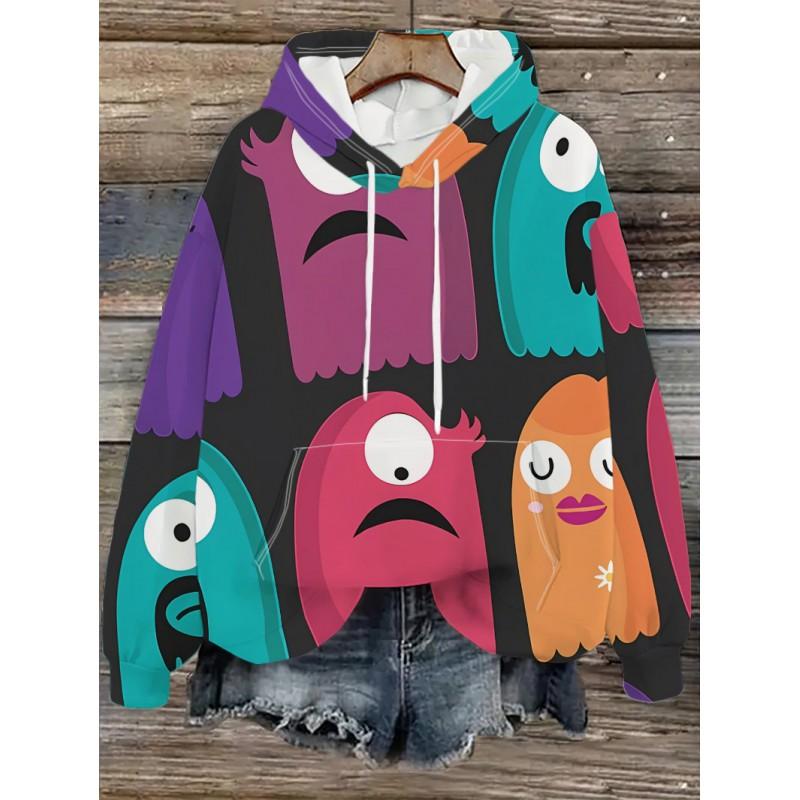 Womens Oversized Hooded Sweatshirt With Cartoon Animal Print Casual Streetwear Top Fall 2025