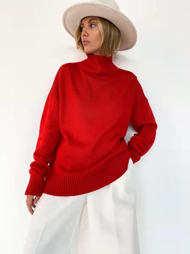 Turtleneck Knitted Sweater Women's Autumn and Winter Thickened Solid Color Loose Long-sleeved Pullover Sweater Women's Hot Words