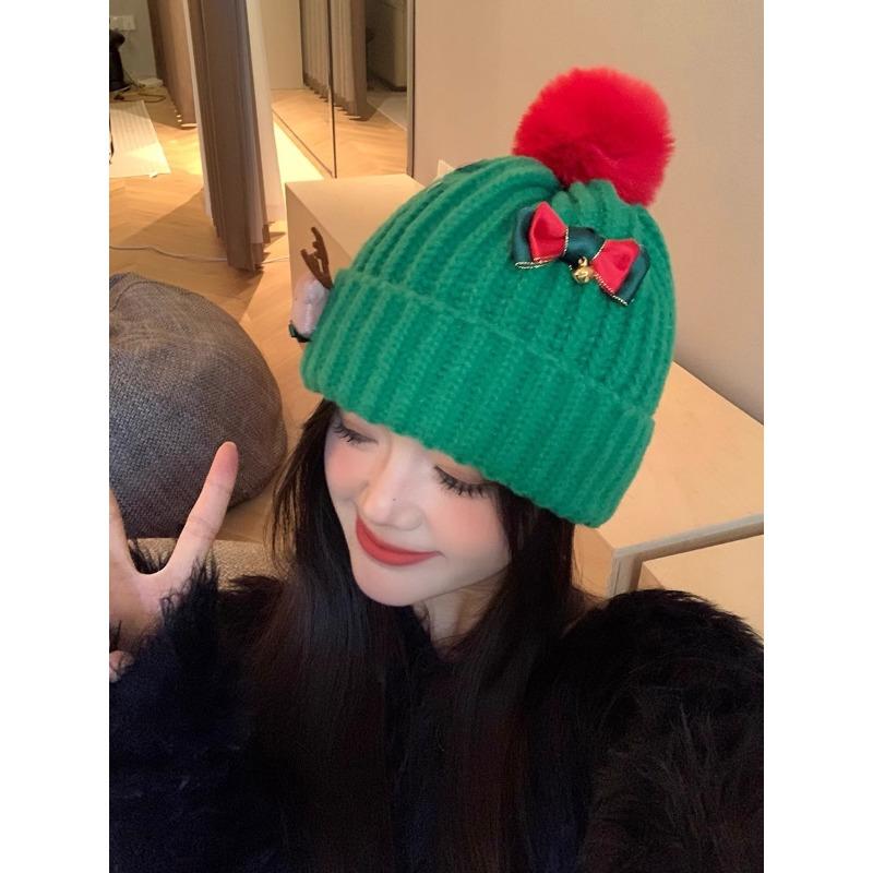 Red Christmas Woolen Hat Autumn and Winter Korean Style Versatile Face Showing Small Knitted Hat Big Head Warm Hat Women