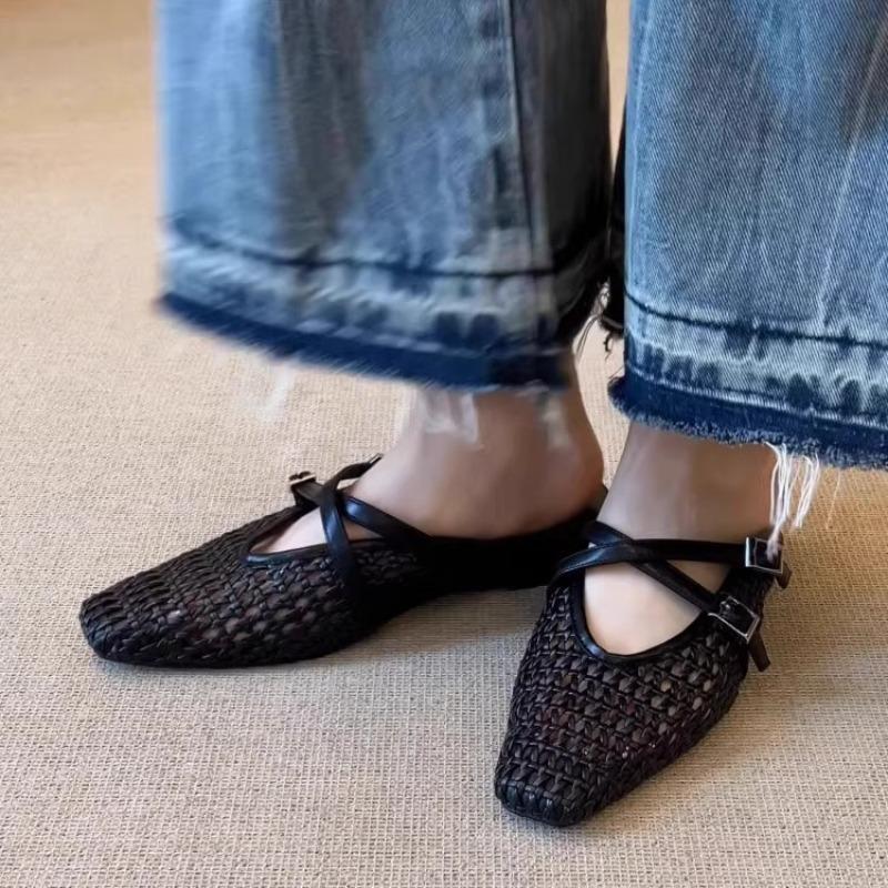 Simple square head woven hollow wedge sandals women's summer versatile outer wear cross buckle bag head slippers women