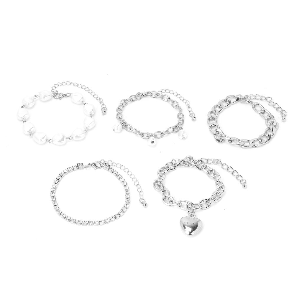 5pcs Elegant Bracelet Set Imitation Pearls Heart Alloy Fashionable Hip Hop Bracelet