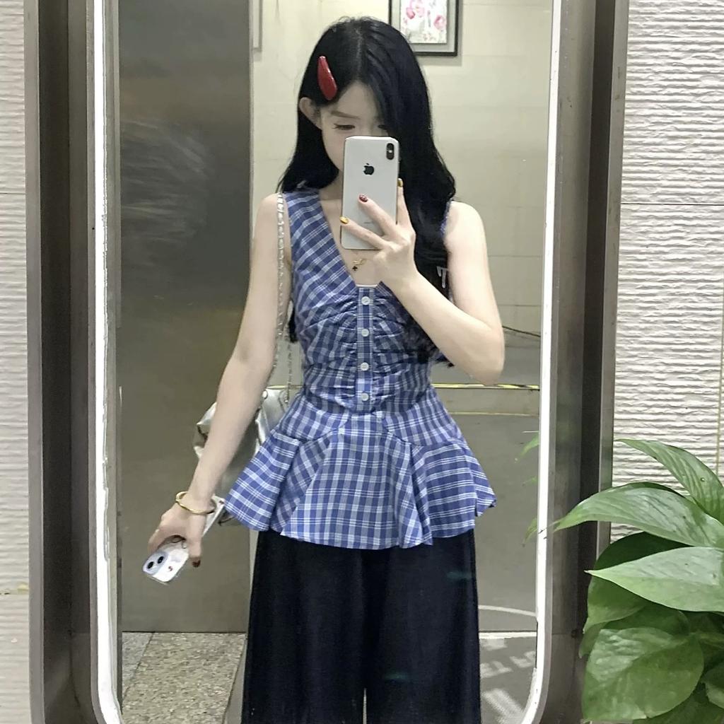 Korean V-neck blue plaid neck sling vest women's summer temperament sweet and spicy off-the-shoulder waist sleeveless top