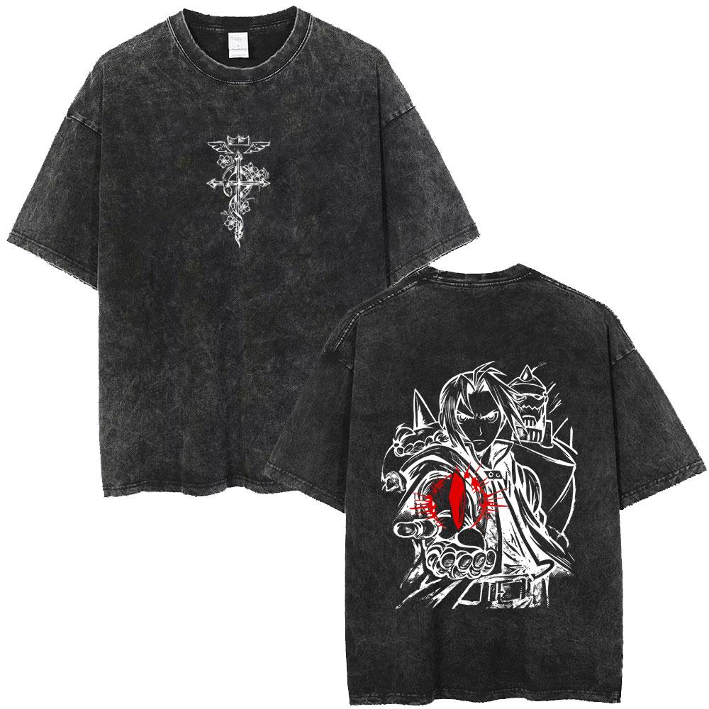 Washed Vintage Anime Fullmetal Alchemist Alphonse Elric Edward Elric T-shirt Clothing Manga Oversized Crewneck T Shirt Unisex