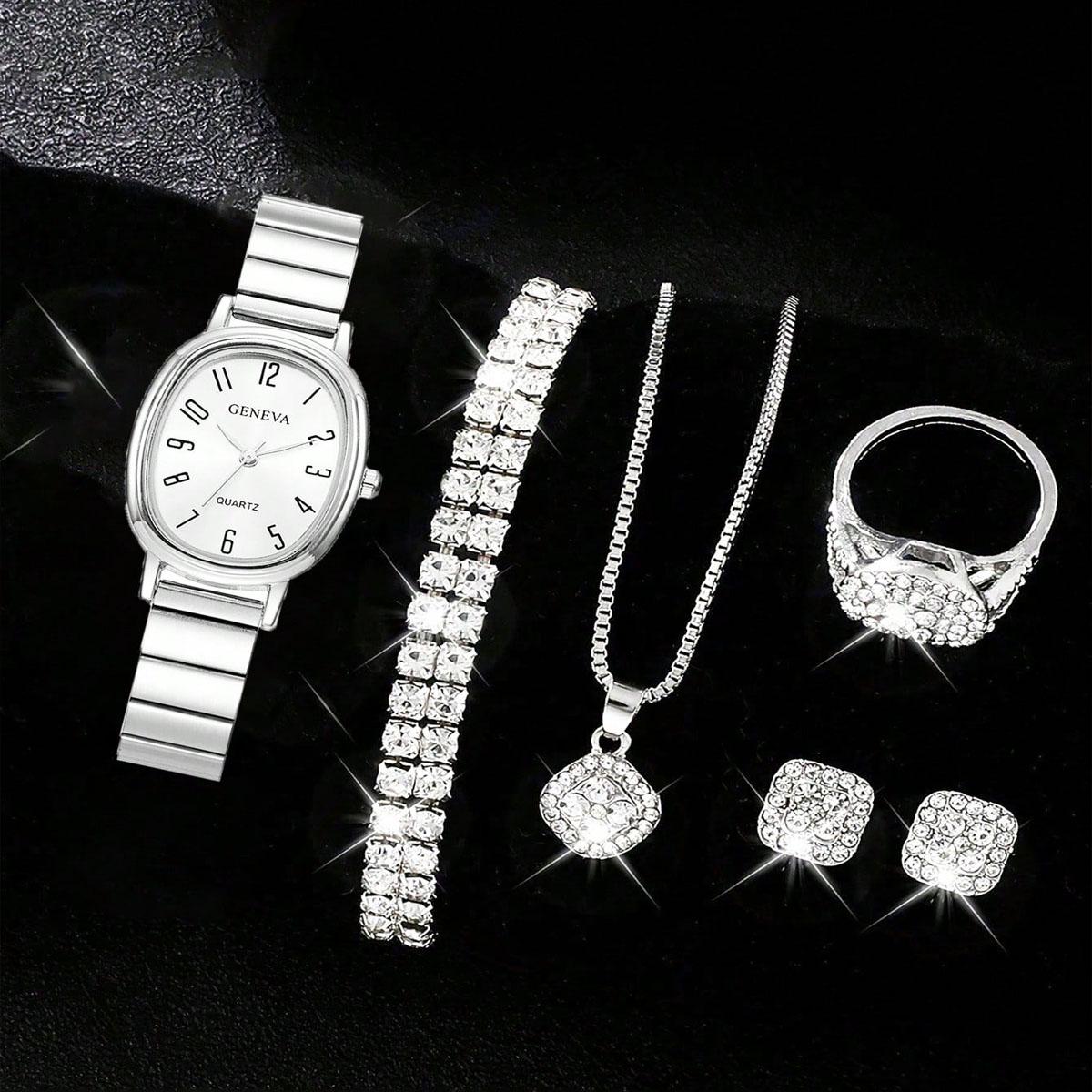 

6pcs/Set-Fashion Trendy Steel Strap Bamboo Knot Watch Shining Square Dial Ring Necklace Set - Retro Style