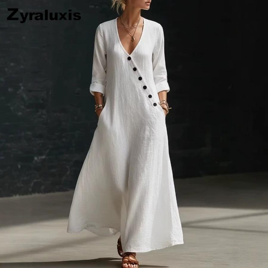 TikTok Summer Lazy Style V-Neck Pleated Swing A-Line Resort Maxi Dress Women One-Piece Long Dress