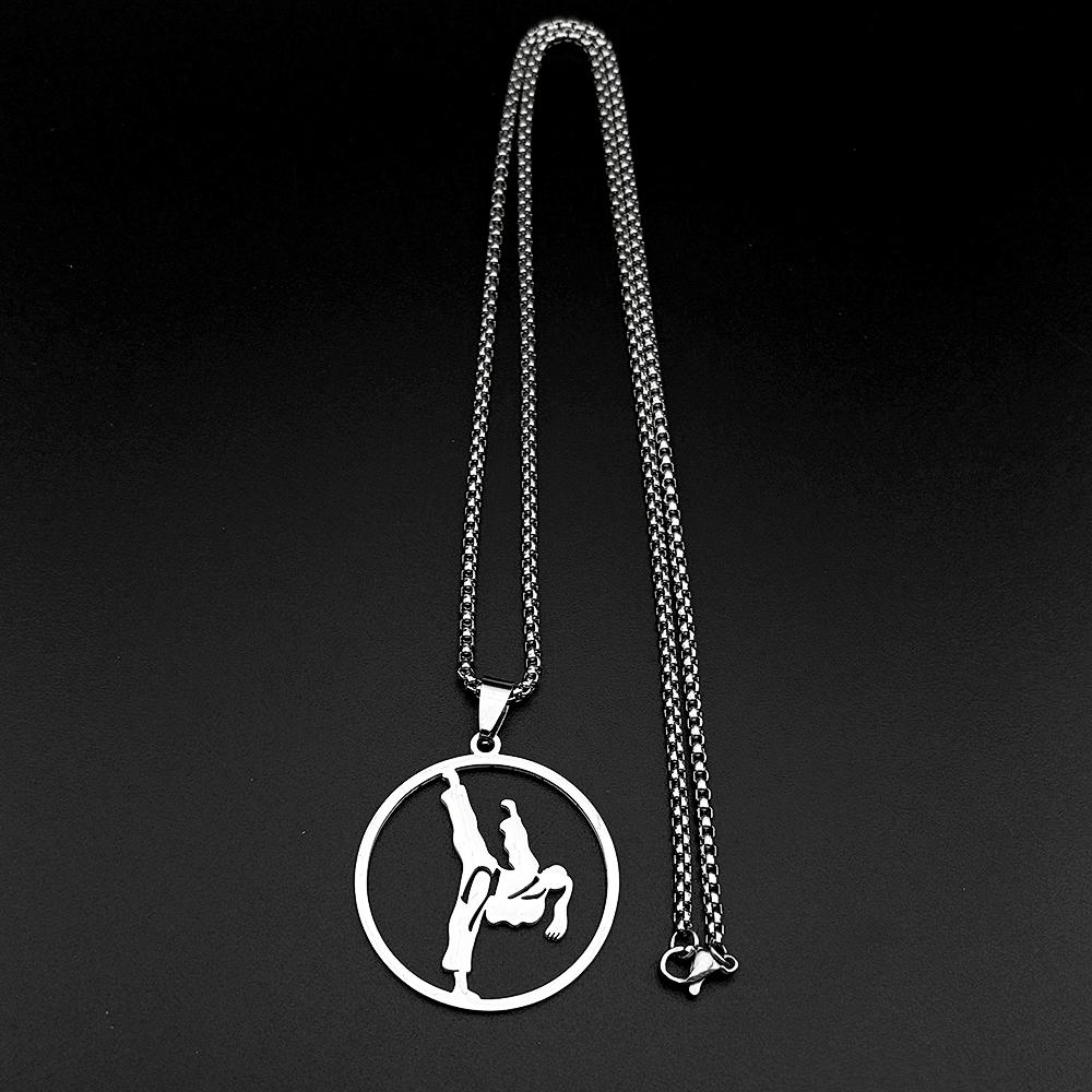 Karate Taekwondo Girl Pendant Necklace For Women Men Stainless Steel Silver Color Sports Hiphop Fashion Chain Jewelry Gifts