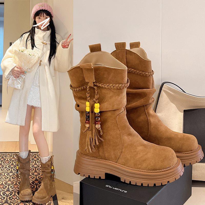 New 2025 Su Autumn and Winter Wasteland Beauty Merry Short Boots Rad Platform Martin Boots Pile Boots Women's Western Cowboy Boots