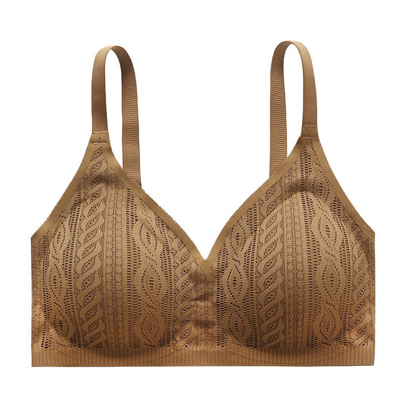 Cream Wireless Lace Bra with Adjustable Thin Straps Seamless and Breathable for Everyday Comfort