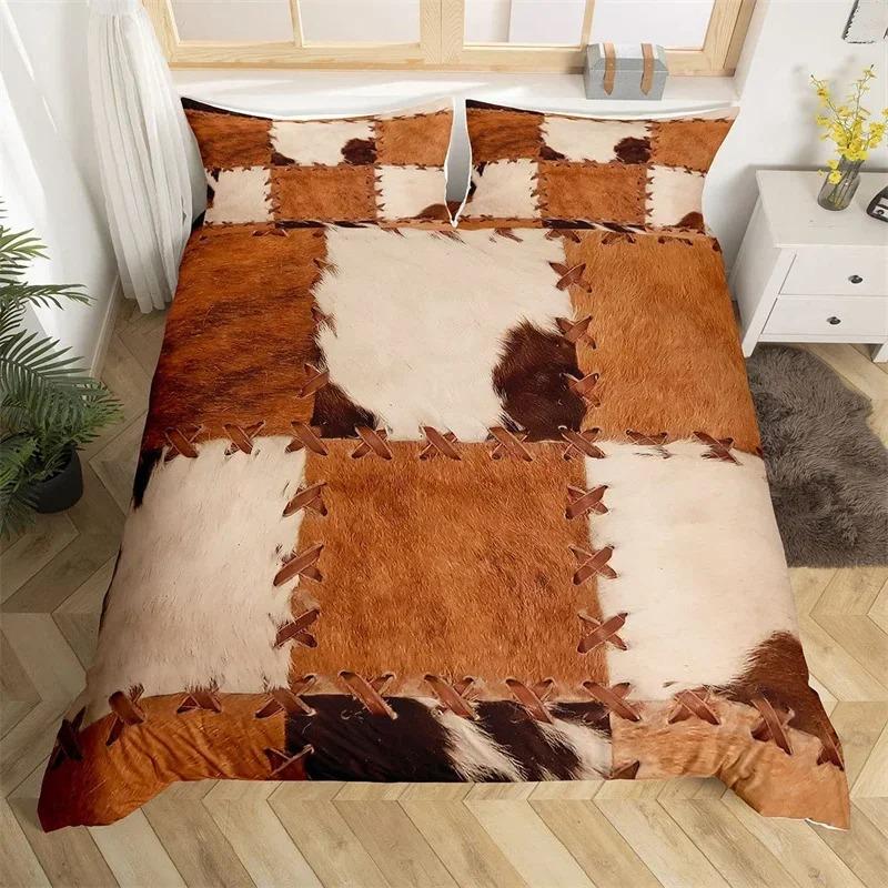 Farm Animal Duvet Cover King Microfiber Cow Fur Print Comforter Cover Patchwork Western Cowhide Bedding Set For Kids Boys Girls