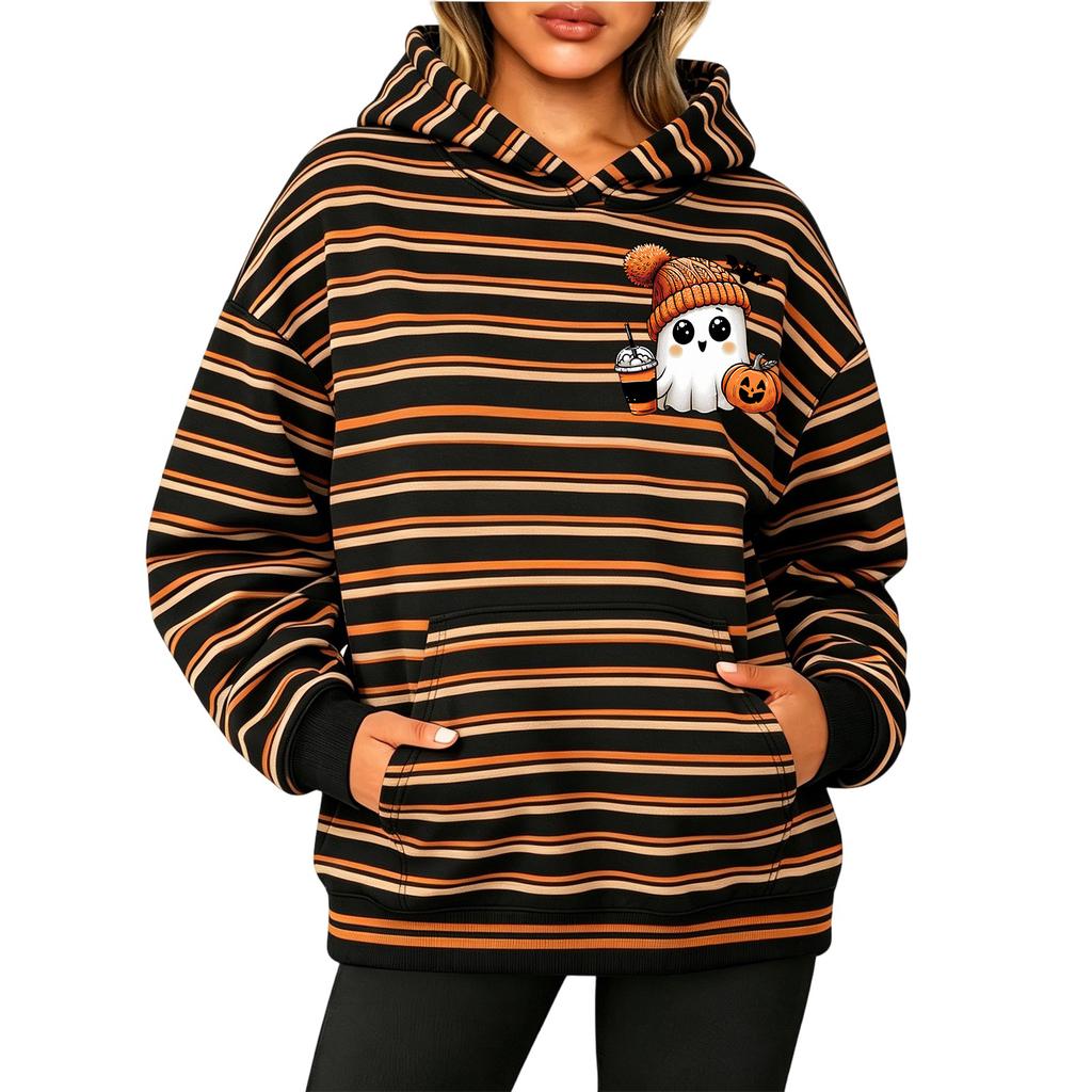 Women's Long Sleeve Striped Print Pullover Hoodie Sweatshirt with Pockets for Halloween