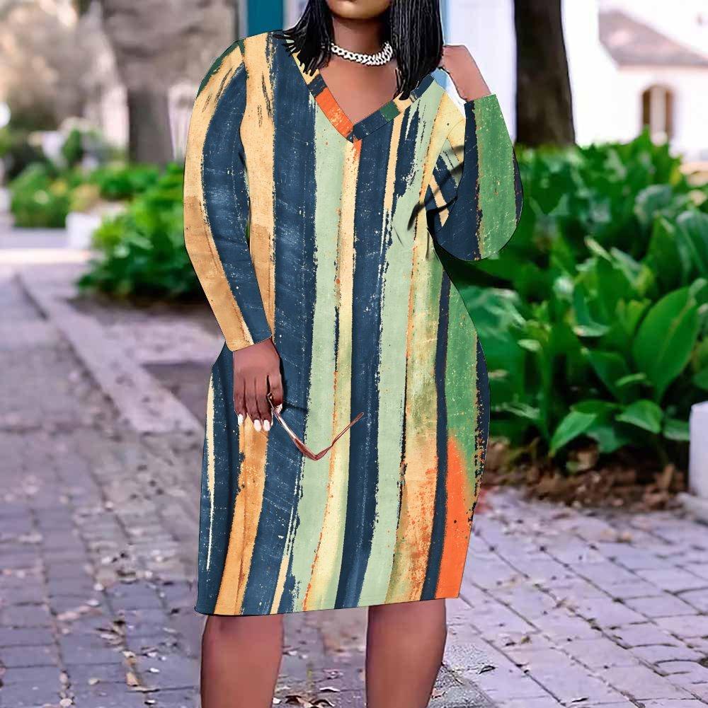Women Plus Size V Neck Long Sleeve Printed Striped Dress With Pockets