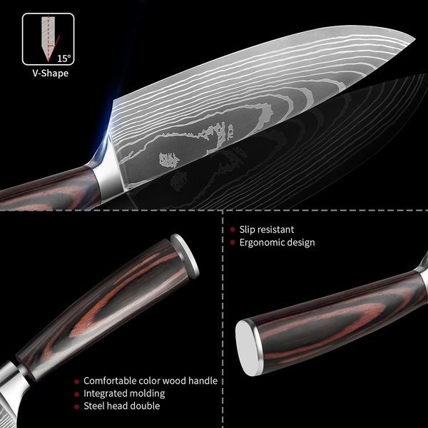 440C German Kitchen Knife Damascus Laser Pattern Utility Chef Knife EDC Cleaver Filleting Santoku Best Kitchen Tool