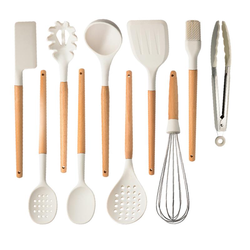 White Silicone Wooden Handle Soup Spoon Spatula Brush Scraper Pasta Egg Beater Non-stick Kitchen Cooking Tools Kitchenware
