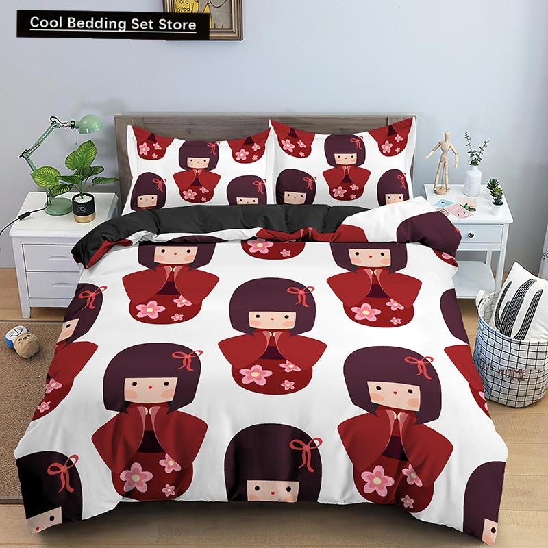Bettbezug mit japanischer Puppe, bedruckt, King-Queen-Bett, Cartoon-Glückskatze, Bettwäscheset für Kinder und Mädchen, Fan, weiß, 2/3-teilig, Polyester-Bettbezug